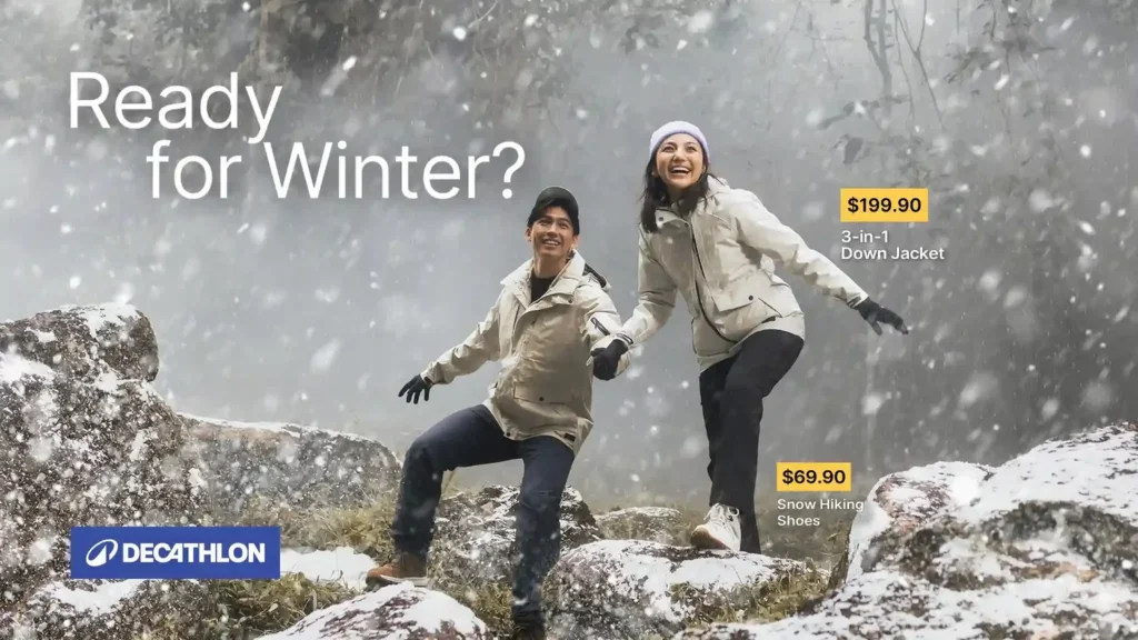 Couple posing for Decathlon winter advertising