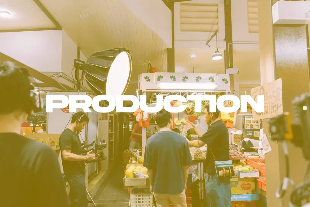On-location production shoot with crew and lighting
