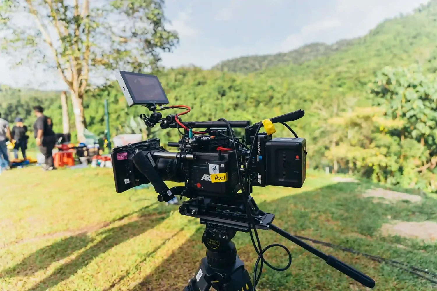 Professional video camera on a film set outdoors
